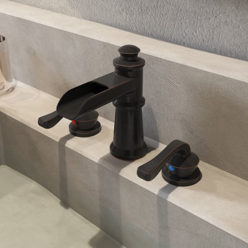 BWE Waterfall Widespread Bathroom Faucet 3 Hole Sink Farmhouse with Oil Rubbed Bronze Bath Bathtub Faucets Pop Up Drain Stopper Assembly and Supply Line 8-16 Inch 2 Handle Vanity Lavatory - Image 5